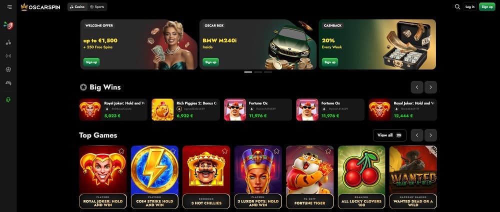 Screenshot der Oscarspin Casino-Seite mit einem Raster beliebter Spiele wie Big Bass Bonanza, Wolf Gold und Gates of Olympus sowie Anbieternamen.
